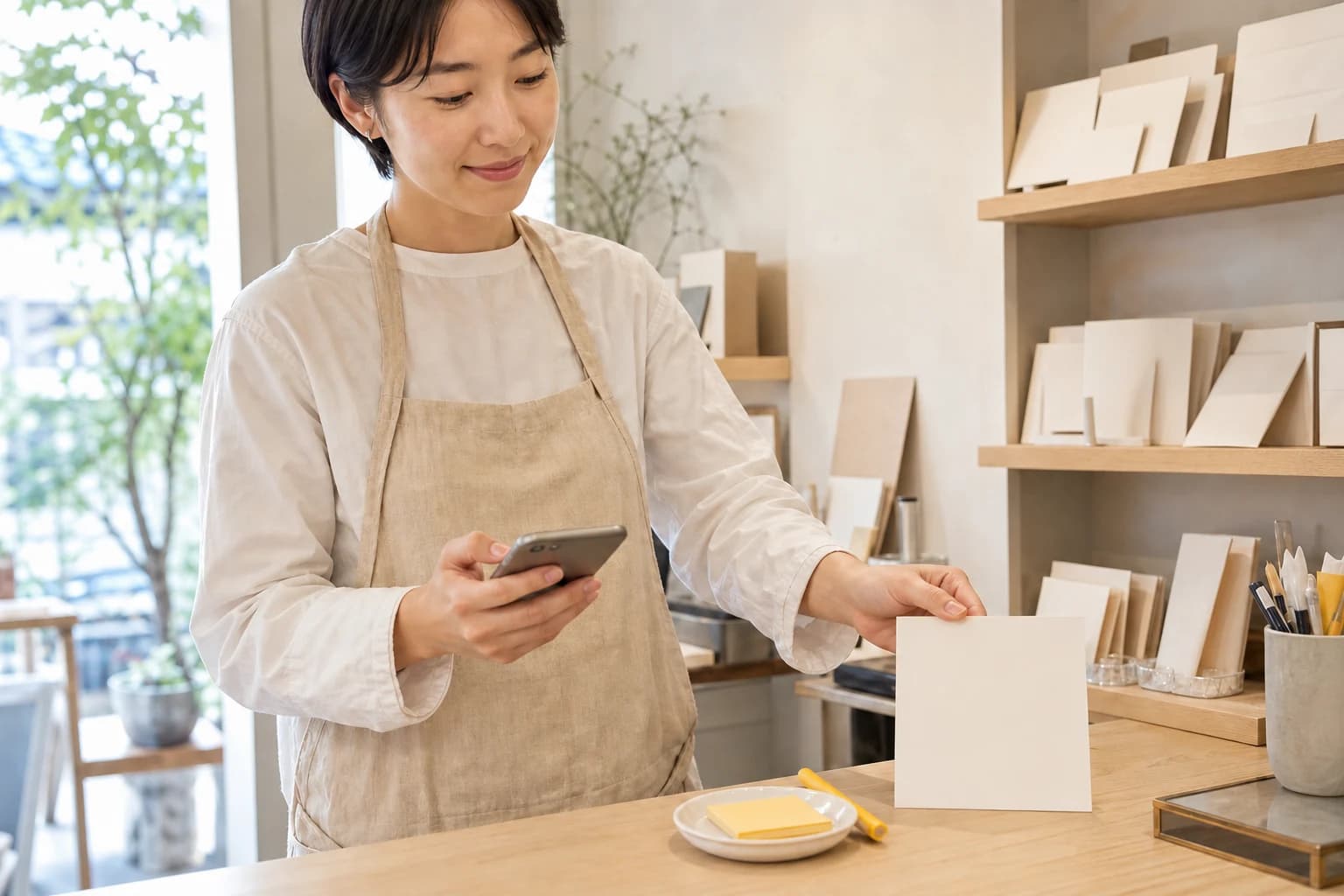 小さなお店でショップカードを準備する店主